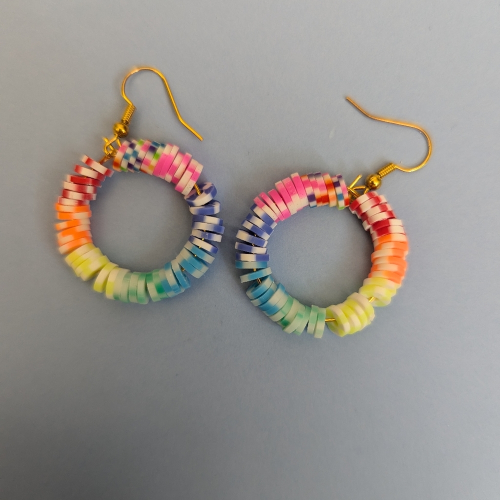 Handmade Tie-dye rainbow colored clay bead earrings (newly made, never worn)